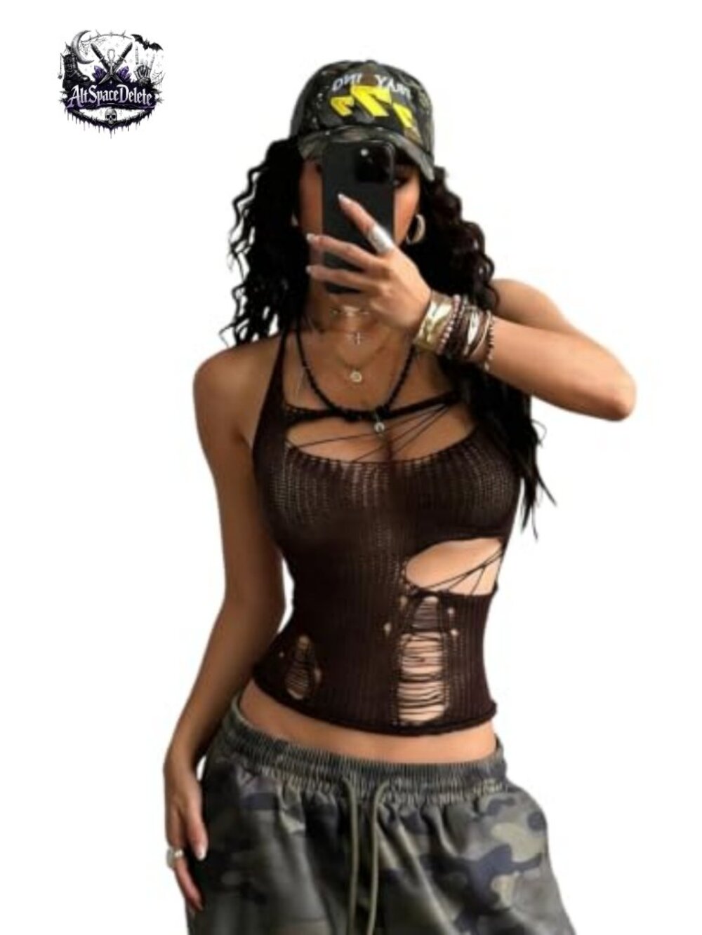 Crochet Hollow Out Halter Crop Top Sleeveless Slim Fit Y2k Goth